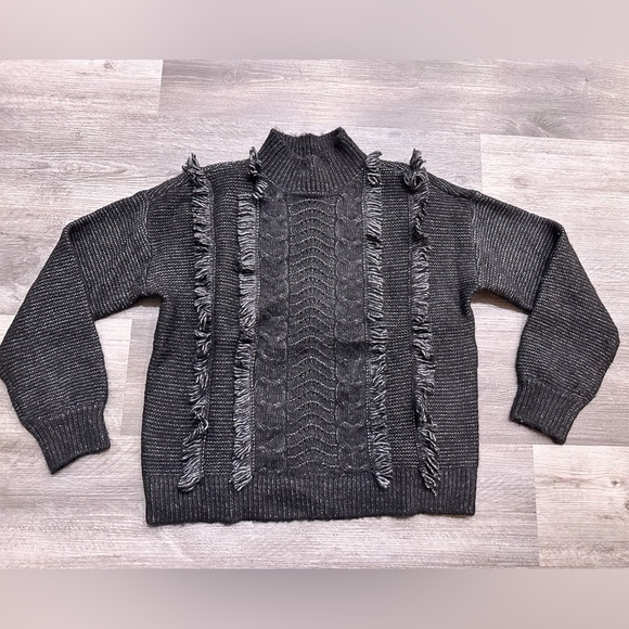 LOFT Sweaters - Women’s LOFT Boho Fringe Mock Neck Knit Sweater in Charcoal